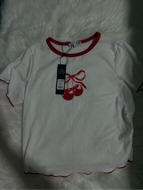 Fashion Nova White Crop Tee with Red Cherry Graphic and Red Trim